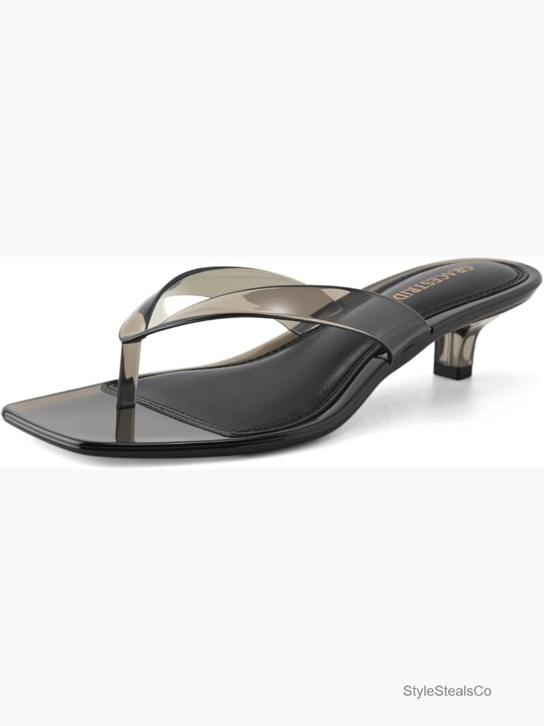 Clear Smoke Thong Sandal Kitten Heel - Black